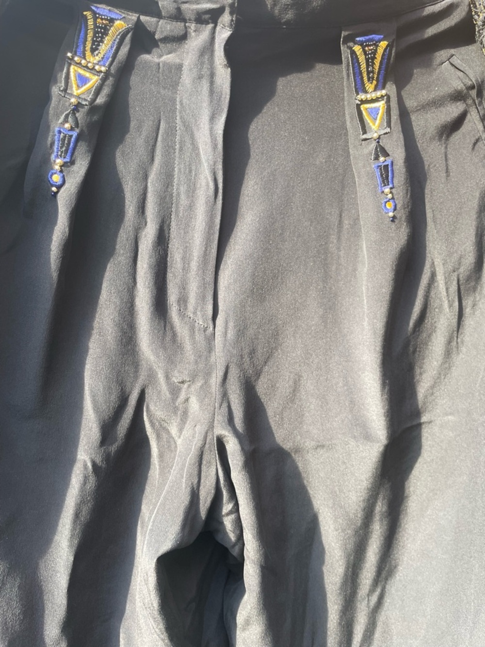 Black High-Waist Pants with Blue & Gold Beaded Trim and shirt with same design